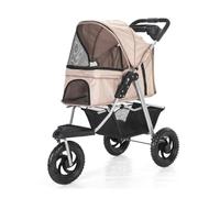 Customize What You Need Lightweight Dog Stroller 3 Wheels Pet Gear for Cats and Dogs - One-Click Folding Pushchair Carrier with Large Wheels and Water Cup Holder, Supports Up to 25 Kg(Brown)