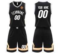 Customized Basketball Jerseys Mens Boys Basketball Kit 2 Piece Sleeveless Basketball Training Jersey and Shorts Set (Black)