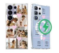 Customized Case for Samsung Galaxy S26 Ultra 2026, Personalized Custom Magnetic Photo Phone Cover with Pink Heart, Add Your Own Picture Collage Text, Compatible with MagSafe, Gift for Women Girl,Clear