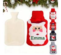 Customized Christmas Hot Water Bottle Embroidered with Name，Rubber Warm Hot Water Bag Christmas Elk Santa Claus Theme Knitted Insulator，Women Men Kids Xmas Winter Gifts (Red)