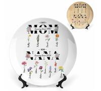 Customized First Mom Now Grandma Home Decoration Plates For Mom Grandma Personalized Family Ceramic Decorative Gifts With Name Custom Birth Month Flower And Name Display Plate To Family Member