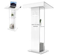 Customized Logo and Text 45.3 Acrylic Podium Lectern, Pulpit for Churches with Double Shelves, Modern Plexiglass Pulpits Lectern for Classroom, Conference, Wedding and More