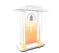 Customized Logo& Text Church Pulpit with 15 Colors Adjustable and 4 Flashing Models, 46” Clear Acrylic Podium with Wheels &Vertical Reading Platform, Lecterns for Churches
