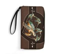 Customized Long Sea Turtle Women Leather Wallet with Family member's Name Purse Zipper Coin Cash Personalized Bifold Wallet Parent-child Multi Card Travel Clutch Wristlet Credit Card Holder for Mom
