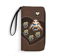 Customized Long Sea Turtle Women Leather Wallet with Family's Name Purse Zipper Coin Cash Customized Bifold Wallet Cartoon Parent-child Multi Card Travel Clutch Wristlet Credit Card Holder for Mom