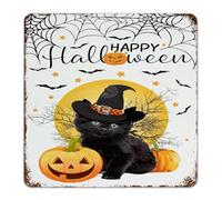 Customized Metal Signs Happy Halloween Black Cat Witch Hat Home Decor Aluminum Tin Signs for Office Garage Backyard Wicca Wiccan Witchcraft Witch Art Poster Gift for Living Room 12x12 Inch
