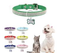 Customized Pet Collar with Diamond Rhinestones Adjustable Personalised Leather Dog Collar with Anti-Lost Tag Suitable for Small Large Dogs Cats (Green,S)
