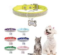 Customized Pet Collar with Diamond Rhinestones Adjustable Personalised Leather Dog Collar with Anti-Lost Tag Suitable for Small Large Dogs Cats (Yellow,M)