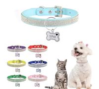 Customized Pet Collar with Diamond Rhinestones Adjustable Personalised Leather Dog Collar with Anti-Lost Tag Suitable for Small Large Dogs Cats (Light Blue,XL)