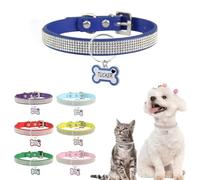 Customized Pet Collar with Diamond Rhinestones Adjustable Personalised Leather Dog Collar with Anti-Lost Tag Suitable for Small Large Dogs Cats (Blue,XL)