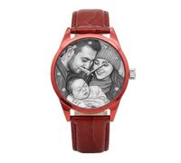 Customized Photo Wristwatch, Made of Alloy Material and Leather Strap. It has Waterproof Function. Suitable as a Gift for Your Boyfriend or Father. (Black and White line Graph, Red)