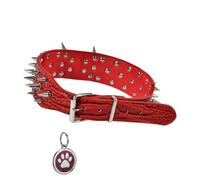 Customized Rivet Dog Collar with Name Personalised Pet Collar PU Leather Puppy Collar Adjustable Protective Neck Strap (Red,L)