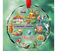 Customized Thailand Landmark Glass Xmas Ornament Gift for Travel Lover Friends Family, Bangkok Thailand Culture Christmas Ornament 2025, Personalized Year & Name Glass Ornaments for Travel Memories