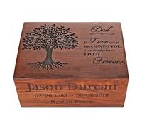 Customized Wooden Cremation Urn for Human Ashes, Personalized Funeral Memorial Urn for Adults, Decorative Wood Urn Box with Everlasting Roots Tree of Life Design, Sizes XS to XXL (12-250 lbs Capacity)