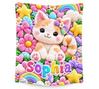 CustomWish Cat Personalised Kids Blanket Girls Throw Bedding | Soft Flannel Cat Throw for Cat Lovers & Toddlers, Custom Gift for Daughter, 4 Sizes