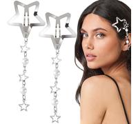 CustomyLife 2pcs Star Pearl Snap Hair Clips, y2k Silver Hair Barrettes Cute Tassel Metal Hair Pins Wedding Prom Hair Styling Accessories for Women Girls Gift