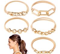 CustomyLife 5pcs Gold Bracelet Hair Ties for Women, Boho Alloy Hair Band Scrunchies Ponytail Holder, Fashion Elastics Hair Ring Accessories for Long Short Curly Straight Thin Thick Hair