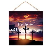 CustonCares Hanging Wooden Signs John 15:4 Live in Me And I Will Live in You Gallery Wall Decor for Outdoor Bible Verse Quote Wood Home Sign Retro Wall Decor Sign for Table 12x12in