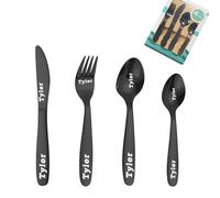 custyoulife Custom Engraved Cutlery Set, 1 Set of 4 Pieces, Stainless Steel, Modern, Rainbow, Flatware, Personalized Adult Cutlery Set, Fork, Knife, Spoon, Teaspoon (Black Children's Cutlery)