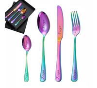 custyoulife Custom Engraved Cutlery Set, 1 Set of 4 Pieces, Stainless Steel, Modern, Rainbow, Flatware, Personalized Adult Cutlery Set, Fork, Knife, Spoon, Teaspoon, 3149296031