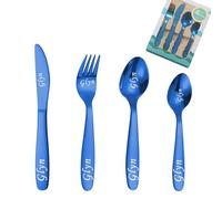 custyoulife Custom Engraved Cutlery Set, 1 Set of 4 Pieces, Stainless Steel, Modern, Rainbow, Flatware, Personalized Adult Cutlery Set, Fork, Knife, Spoon, Teaspoon (Blue Children's Cutlery)