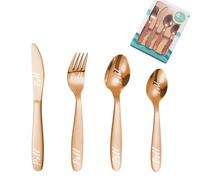 custyoulife Custom Engraved Cutlery Set, 1 Set of 4 Pieces, Stainless Steel, Modern, Rainbow, Flatware, Personalized Adult Cutlery Set, Fork, Knife, Spoon, Teaspoon (Rose Gold Children's Cutlery)