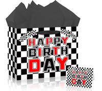 Cut-Nic 12" Race Car Happy Birthday Gift Bags, Racing Party Favors Bag with Greeting Card Snow Pear Paper Black and White Checkered Racing Car Theme Birthday Party Supplies for Kids Adults