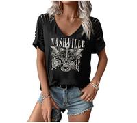 Cut Out V Neck T-Shirt Women Halloween Skull Short Sleeve Pumpkin Graphic Casual Fall Holiday Top Fun Spooky Season Tee, D-black, L