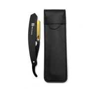 Cut-Throat Straight Razor, Folding Barber Razor for Beard & Moustache Line Up, Black & Gold, Stainless Steel Blade Holder, Includes Leather Pouch