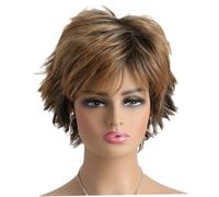 Cut Wig, Short Wavy Wig 9.8" Brown Cut Wigs Realistic Synthetic Hair with Bangs Natural Looking Layered Fluffy Shaggy Curly Highlight for Women Daily Use Party