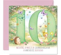 Cute 10th Birthday Card for Granddaughter - Magical Fairy and Hedgehog Scene with Butterflies - Whimsical Birthday Fun for a Special Day - 145mm Square, Envelope Included