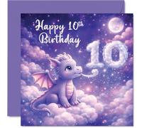Cute 10th Birthday Card - Whimsical Dragon on Fluffy Clouds - Magical Stars and Vibrant Purples - Perfect for Celebrating a Special 10th - 145mm Square, Envelope Included
