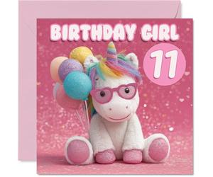 Cute 11th Birthday Card - Sprinkle Her Day with Magic - Adorable Unicorn and Pastel Balloons on a Sparkly Pink Backdrop - 145mm Square, Envelope Included