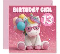 Cute 13th Birthday Card - Bursting with Birthday Magic - Unicorn Plush and Pastel Balloons on a Pink Glitter Background - 145mm Square, Envelope Included