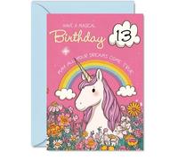 Cute 13th Birthday Card - Bursting with Magic - Whimsical Unicorn, Rainbow and Flowers in Vibrant Colours - Perfect for a Dreamy 13th Celebration - 5x7 Inch, Envelope Included