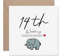 Cute 14th Anniversary Card - Charming Elephant Illustration with a Pop of Red - Playful Design for Celebrating 14 Wonderful Years - 145mm Square, Envelope Included
