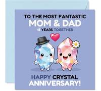 Cute 15th Anniversary Card for Mum & Dad - Shimmering Crystal Characters Mark 15 Years - Blue and Pink Animated Gems with Loving Message - 145mm Square, Envelope Included