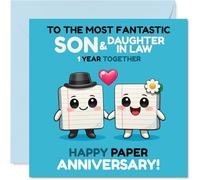 Cute 1st Anniversary Card for Son & Daughter in Law - Adorable Cartoon Couple Celebrating One Year - Playful Love-themed Design - 145mm Square, Envelope Included