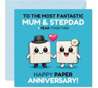 Cute 1st Anniversary Card for Stepdad & Mum - Cheery Notepad Duo Celebrates Your Paper Anniversary - Cartoon Characters in Blue and Pink - 145mm Square, Envelope Included