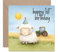 Cute 1st Birthday Card - Adorable Party Sheep on a Sunny Farm - Pastel Tractor and Sun Backdrop - 145mm Square, Envelope Included