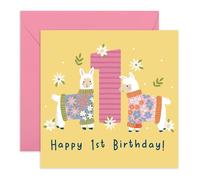 Cute 1st Birthday Card - Alpacas with Sweaters - Adorable Gifts for Babies, Girls, Her, Niece, Granddaughter, Goddaughter - One Year Old, Baby’s First Birthday Celebration - Comes with Stickers