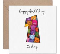Cute 1st Birthday Card - Bursting with Bear Hugs - Colourful Cartoon Bears Fill the Big Number 1-145mm Square, Envelope Included