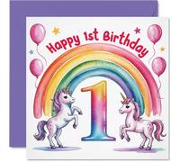 Cute 1st Birthday Card - Bursting with Birthday Magic - Unicorns, Rainbows and Balloons Pop with Colour - Sure to Delight Little Ones - 145mm Square, Envelope Included
