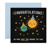 Cute 1st Birthday Card - First Trip Around the Sun Card for Baby Boy or Girl - Space Themed Present for Him, Her, Babies, Niece, Nephew - One Year Old Celebration - Comes with Stickers