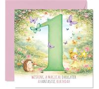 Cute 1st Birthday Card for Daughter - Magical Fairy and Hedgehog Scene - Whimsical Butterflies and Pastel Pinks - 145mm Square, Envelope Included