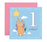 Cute 1st Birthday Card for Kids - Bunny & Star Balloon- Adorable Greeting Card for Toddlers, Sons, Daughters, Grandchildren, Niece, Nephew, Neighbours, Children - One Year Old - Comes with Stickers