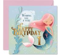 Cute 1st Birthday Card - Make a Splash on Their Big Day - Whimsical Mermaid and Bubbles Design in Pastel Pinks and Blues - 145mm Square, Envelope Included