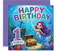 Cute 1st Birthday Card - Make a Splash on Their Special Day - Whimsical Mermaid and Underwater Scene Bursting with Playful Sea Creatures - 145mm Square, Envelope Included