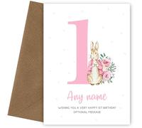 Cute 1st Birthday Card - Pink Bunny Rabbit - Age 1 Year Old Birthday Card for Girl Niece Daughter Great Granddaughter Goddaughter Cousin Keepsake on First Bday
