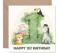 Cute 1st Birthday Card - Roaring into One - Jungle Animals Gather Round a Big Green Number 1 - Bright, Playful and Full of Birthday Cheer - 145mm Square, Envelope Included